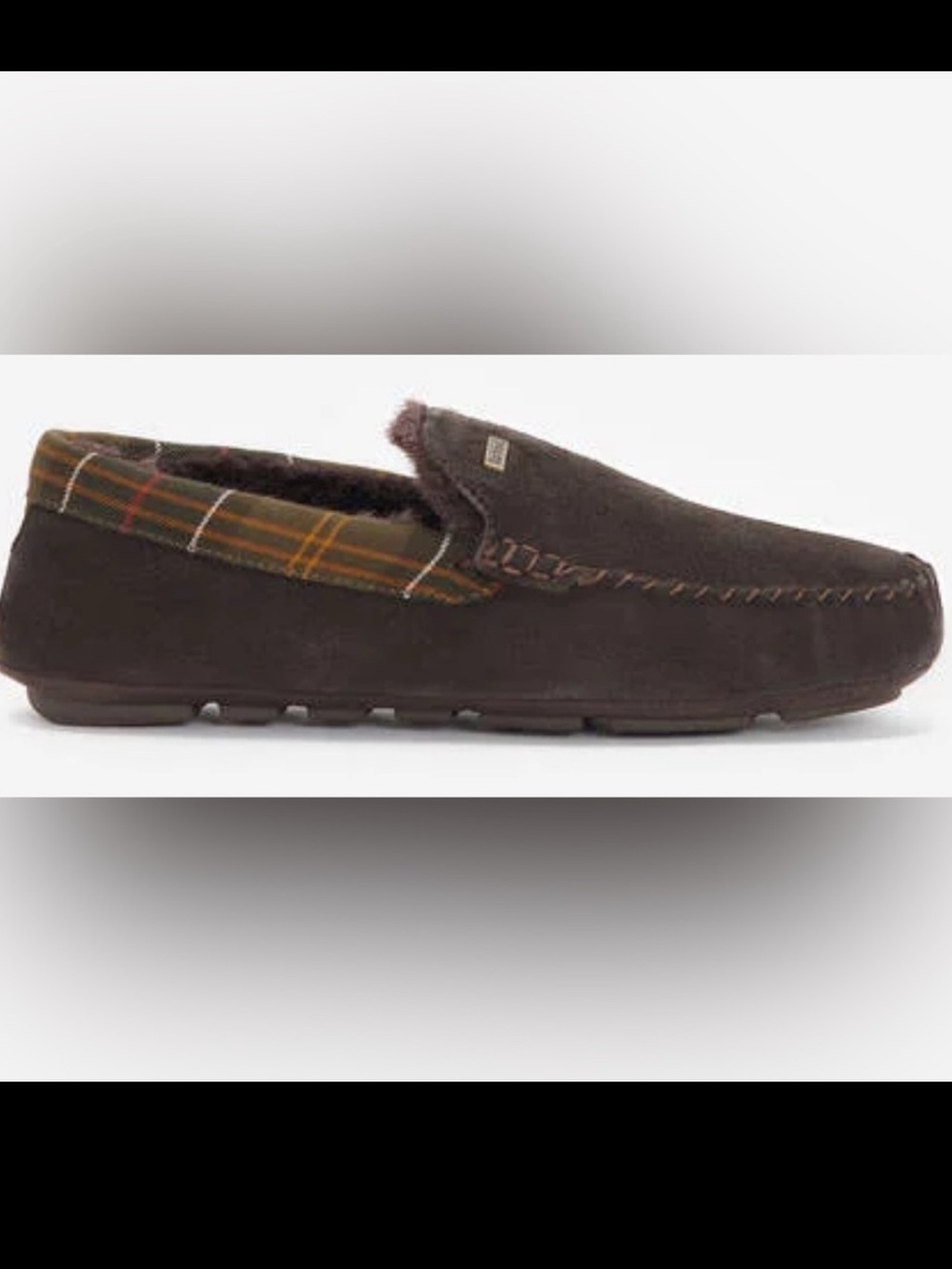 Barbour Men's Monty Faux Fur-lined Suede Slipper w/ tartan trim SZ8 NWOB